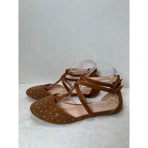 West Blvd Katowice Flat D'Orsay Ankle Strap Ballet Flats Tan Embellished Sz 7.5